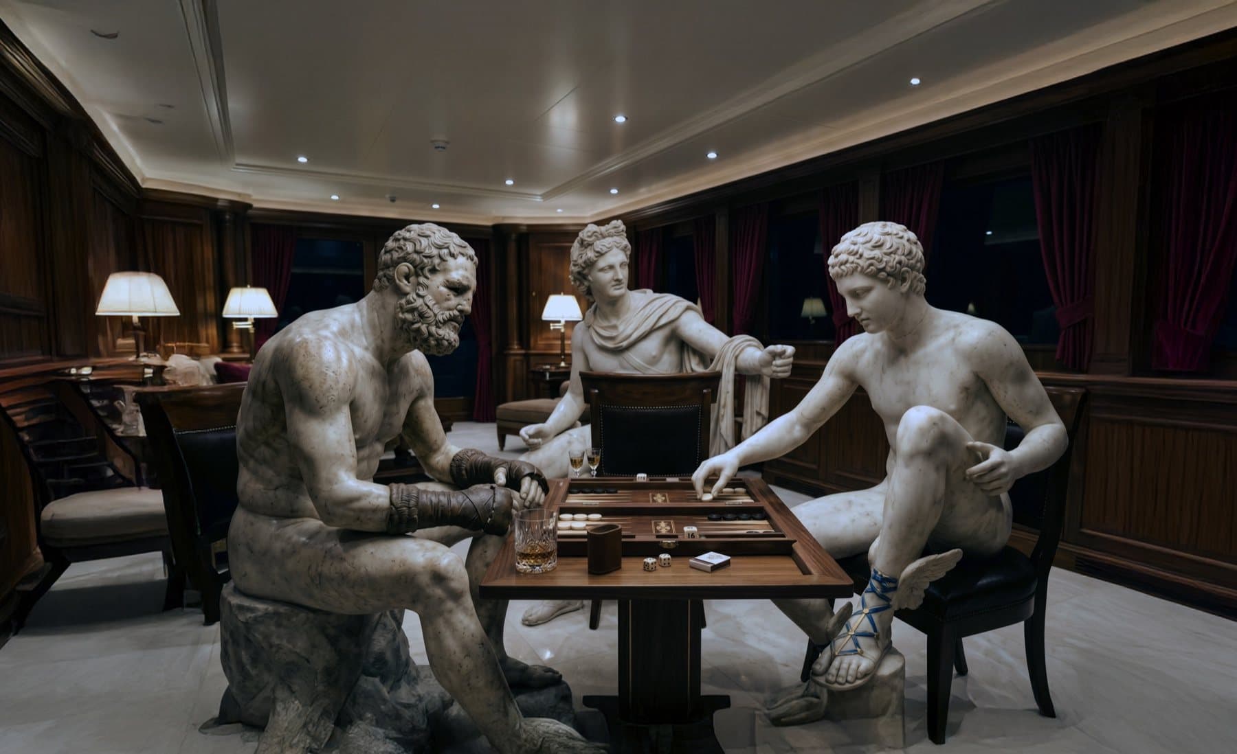 Classical marble statues playing backgammon in a wood-panelled superyacht salon — Armada Club brand partnerships