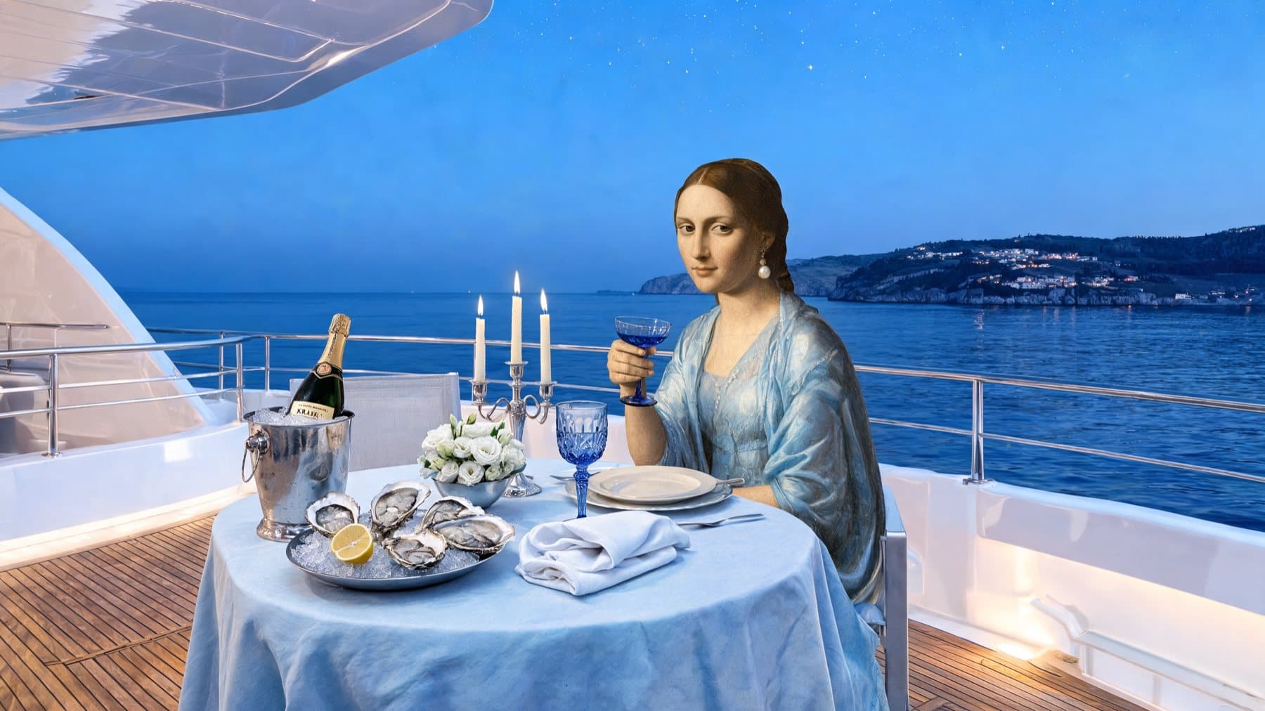 Old Masters–style private dinner on a superyacht aft deck at dusk — champagne, oysters and candlelight