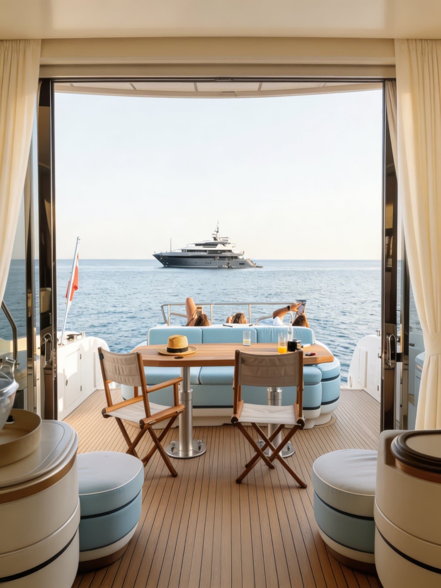 Private dining table set on a superyacht aft deck, another yacht at anchor on the horizon beyond